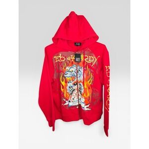 Ed Hardy Full-zip Fleece Red Hoodie Tiger Design Men's Large NWT
